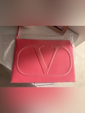Valentino Coral Pink  V Logo embossed Pouch laptop pouch